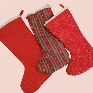 80's Vintage Handmade Calico Quilted Christmas Stockings Set of 3 Red Green